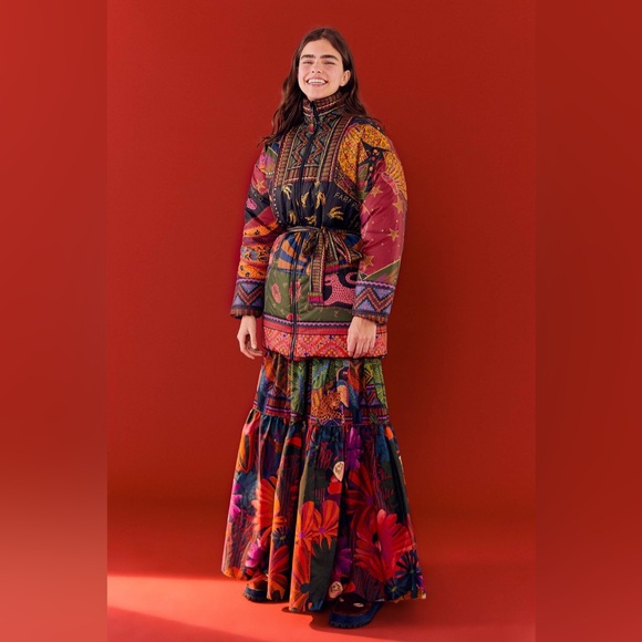 NWOT Farm Rio Crazy Mix Belted Puffer Jacket L - Picture 3 of 15